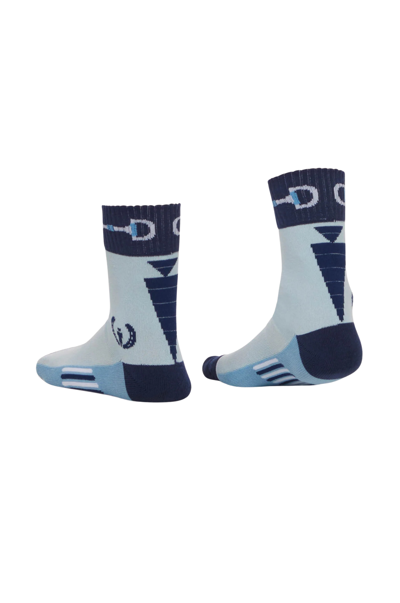 A pair of paddock socks with snaffle and carrot design elements, suitable for equestrian activities.