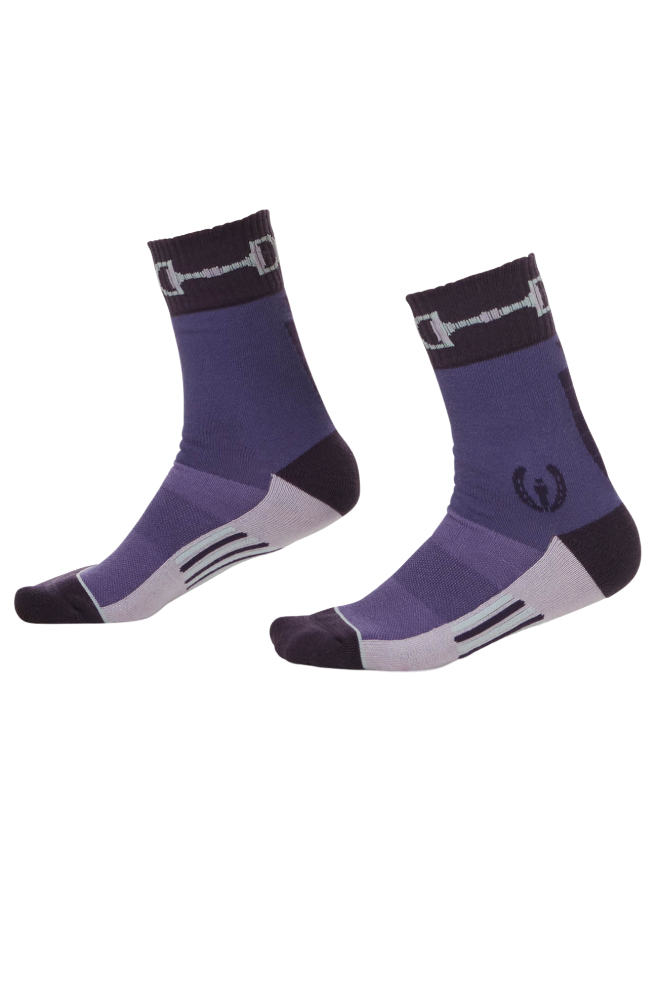 A pair of paddock socks with snaffle and carrot design elements, suitable for equestrian activities.