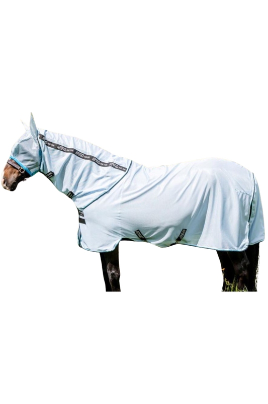A horse wearing a white fly sheet with UV protection.