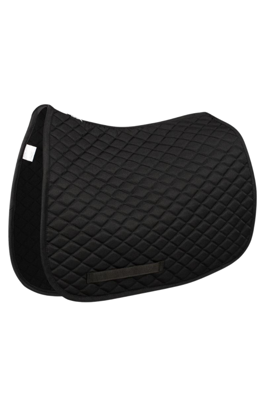 A black TuffRider basic pony saddle pad with diamond quilting and a flannel underside.