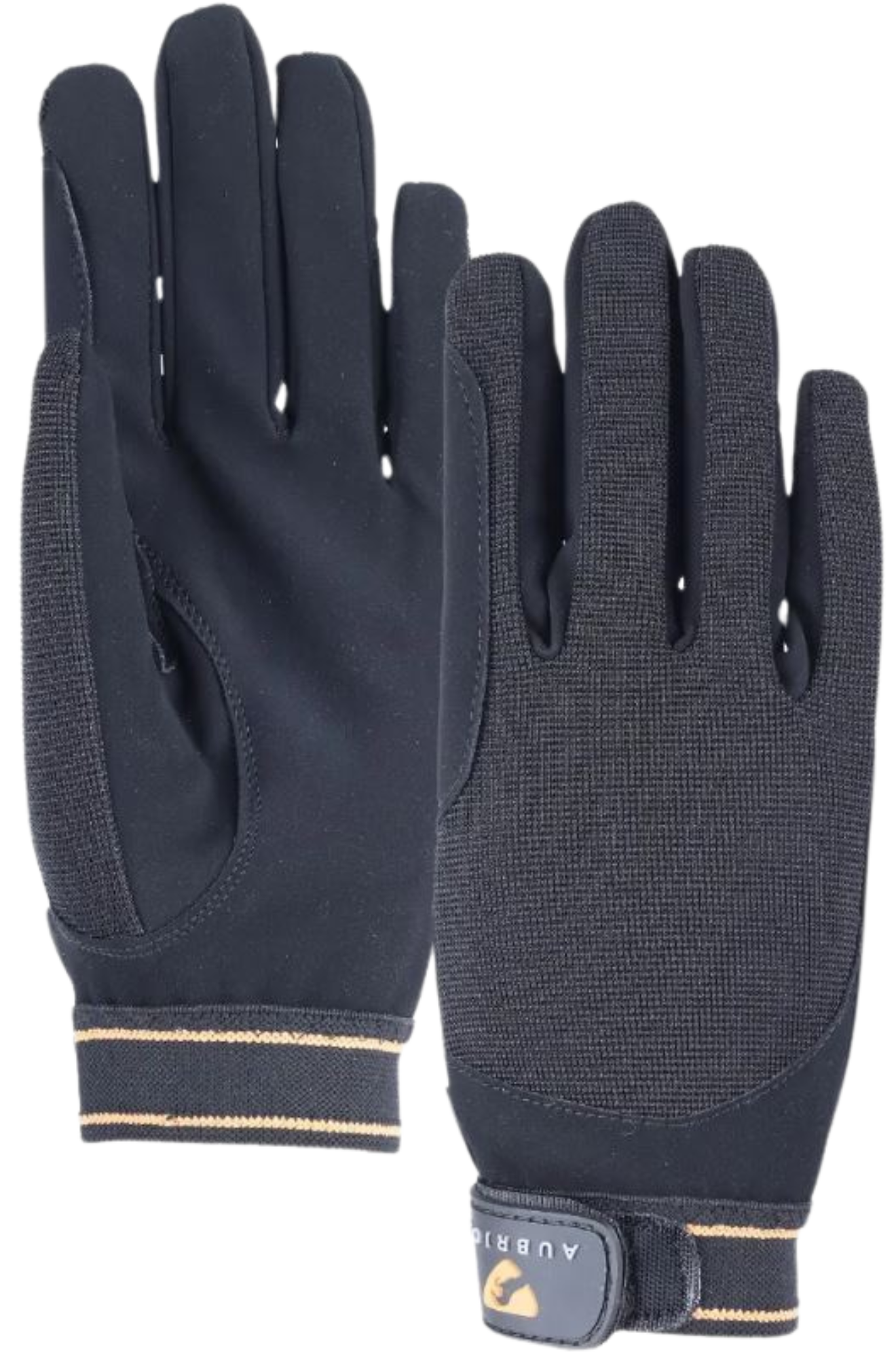 A pair of black mesh riding gloves with velcro straps and a logo on the wrist.