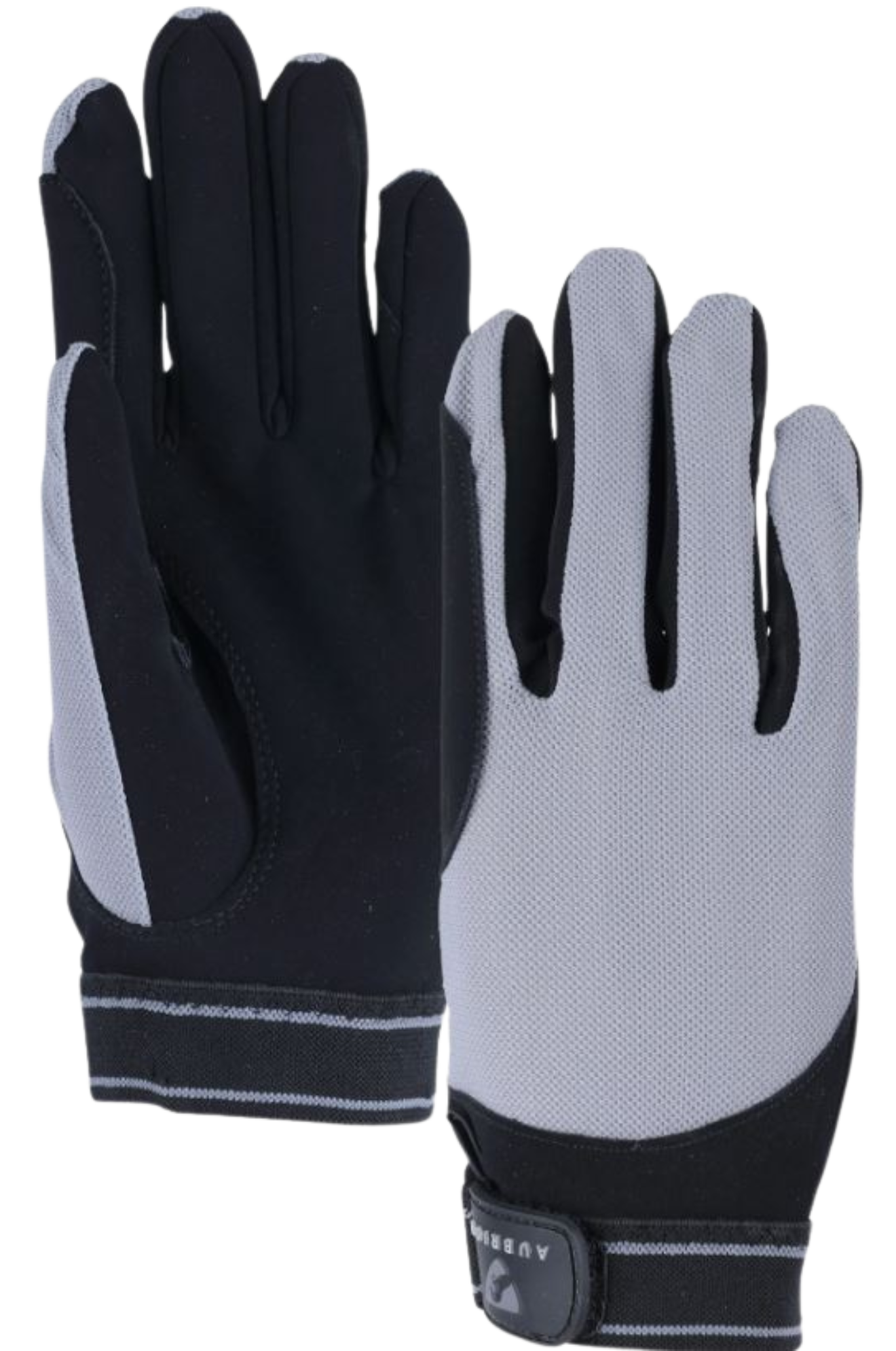 A pair of black mesh riding gloves with velcro straps and a logo on the wrist.