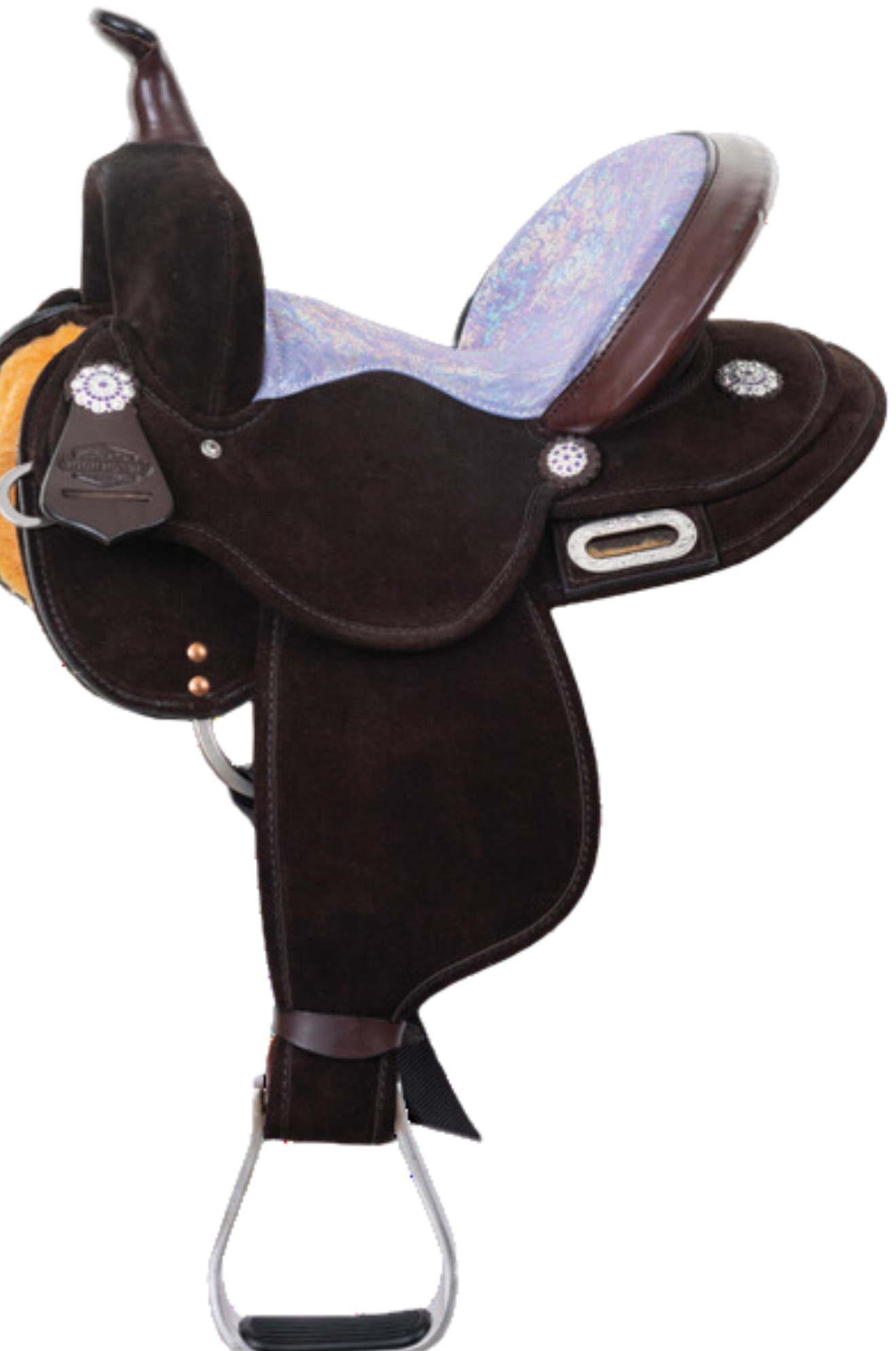 A brown saddle made from a combination of durable materials, featuring a 5-inch cantle and decorative conchos.