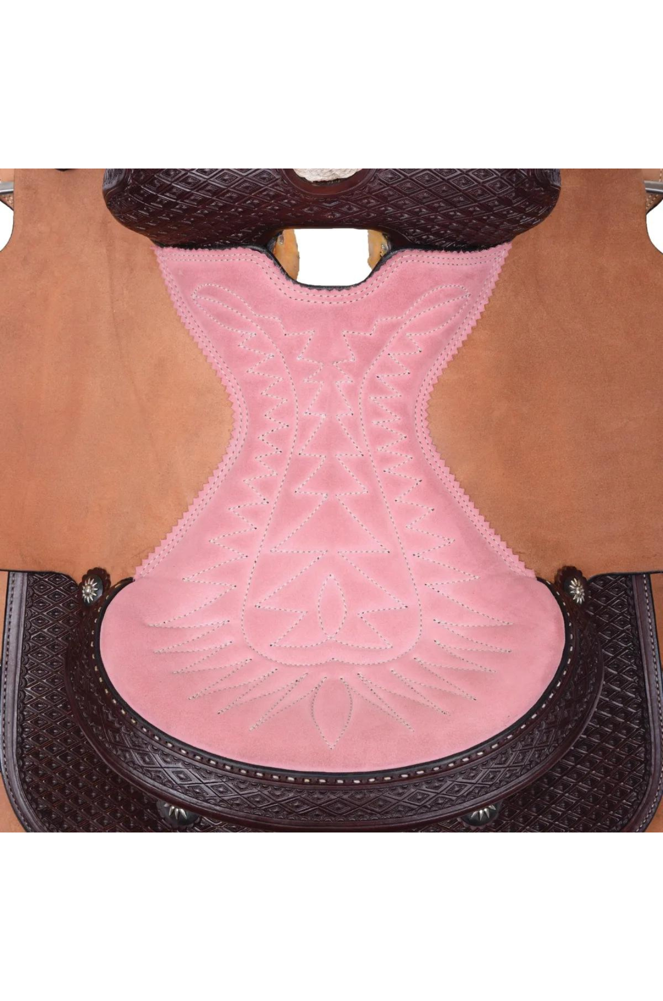 A brown roper saddle with black iron sun conchos, a pink suede seat, and a nylon horn wrap. It features walnut finish with hand-tooling and a baby powder holder.