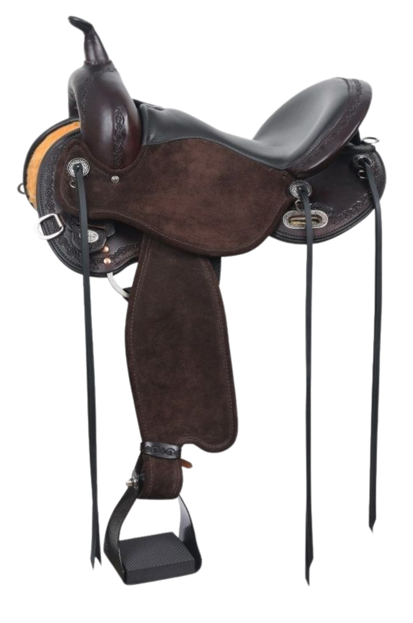 A brown Circle Y Hadley Hybrid Flex 2 trail saddle with a steel tree, designed for horseback riding.