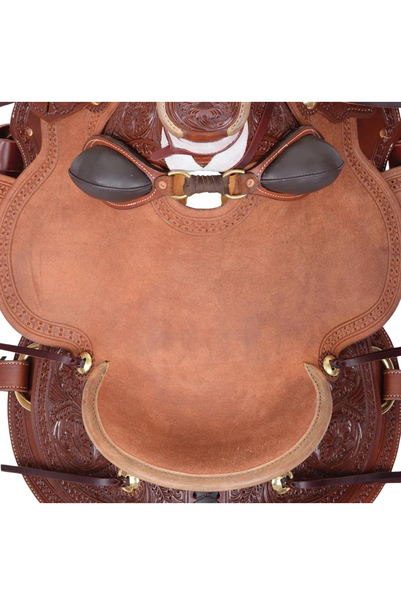 A brown western ranch saddle with floral tooling and black conchos.