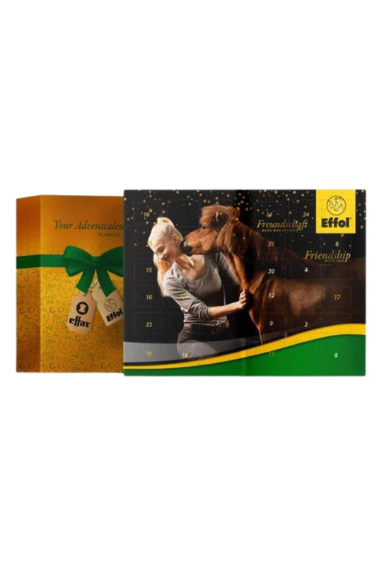 A Effol Advent Calendar box designed for horse care, featuring various horse care products and a festive design with a horse and rider on the front.