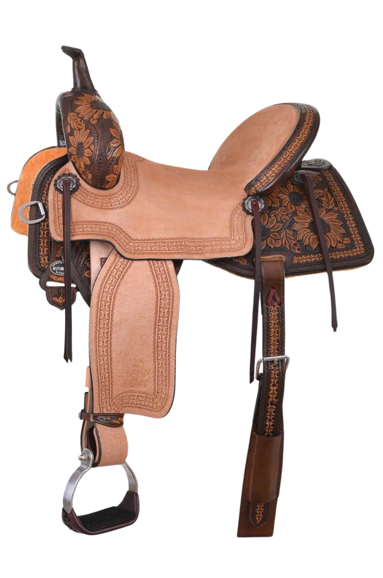 A brown western saddle with sunflower design and custom border tooling, including a matching flank cinch, made by Circle Y.