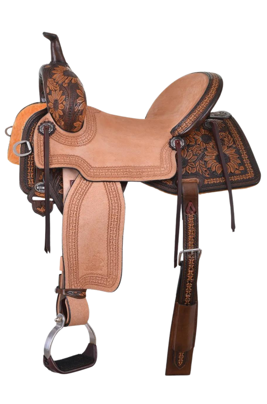 A brown western saddle with sunflower design and custom border tooling, including a matching flank cinch, made by Circle Y.