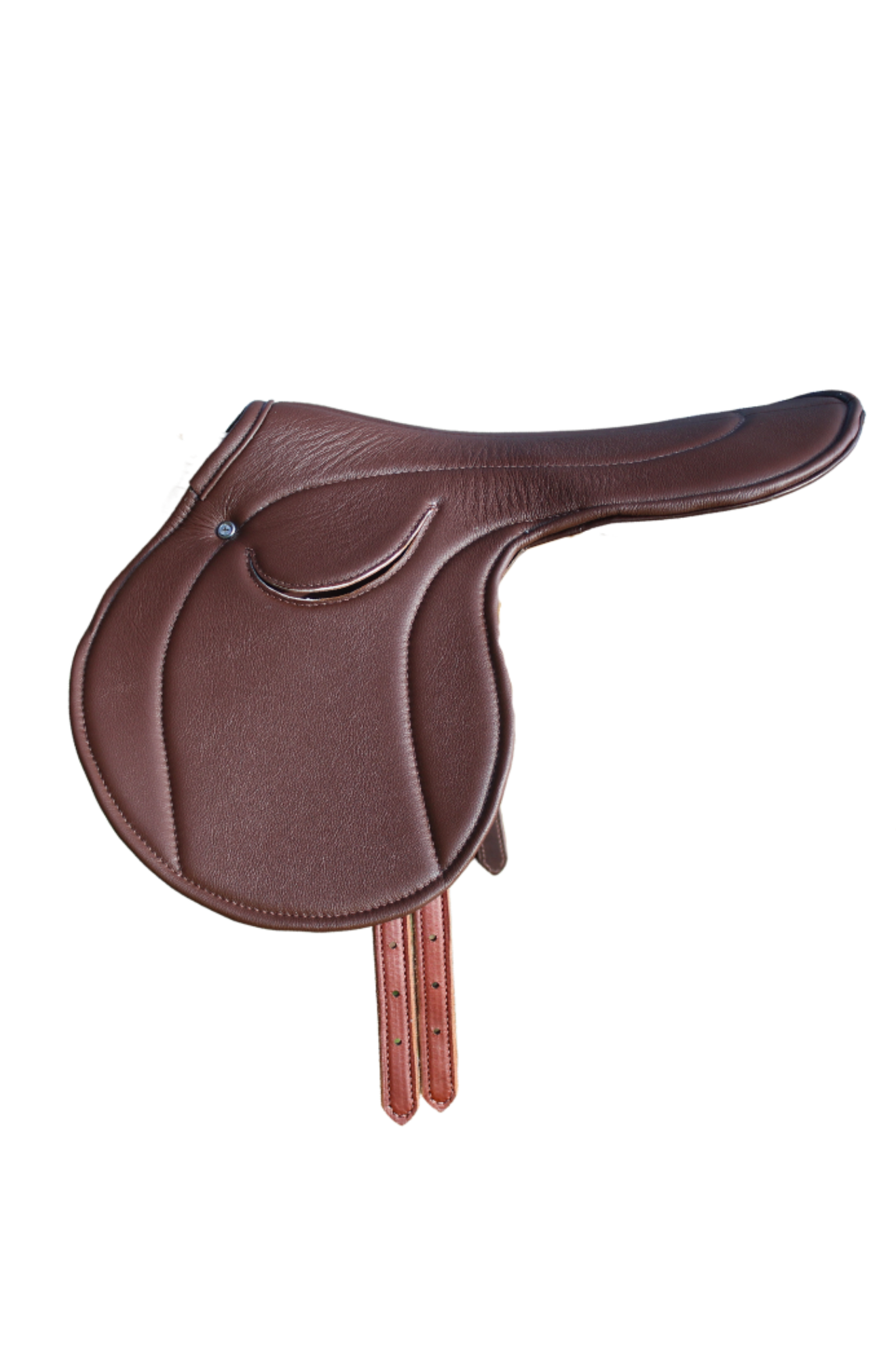 A brown leather exercise saddle with a lightweight aluminum tree, designed for thoroughbred horses.