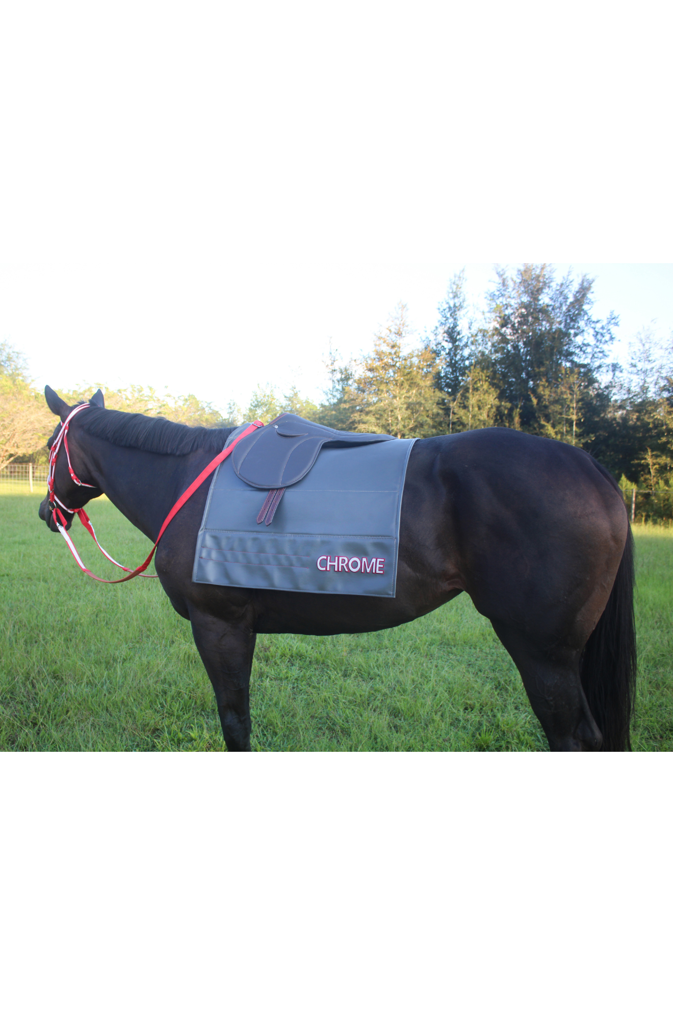A gray custom embroidered saddle pad with pink embroidery on the sides.