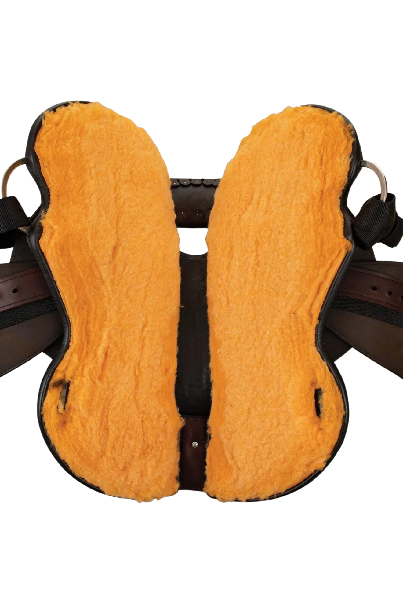 A brown and black Circle Y South Mountain Flex 2 Trail saddle with a short skirt designed for short-backed horses.