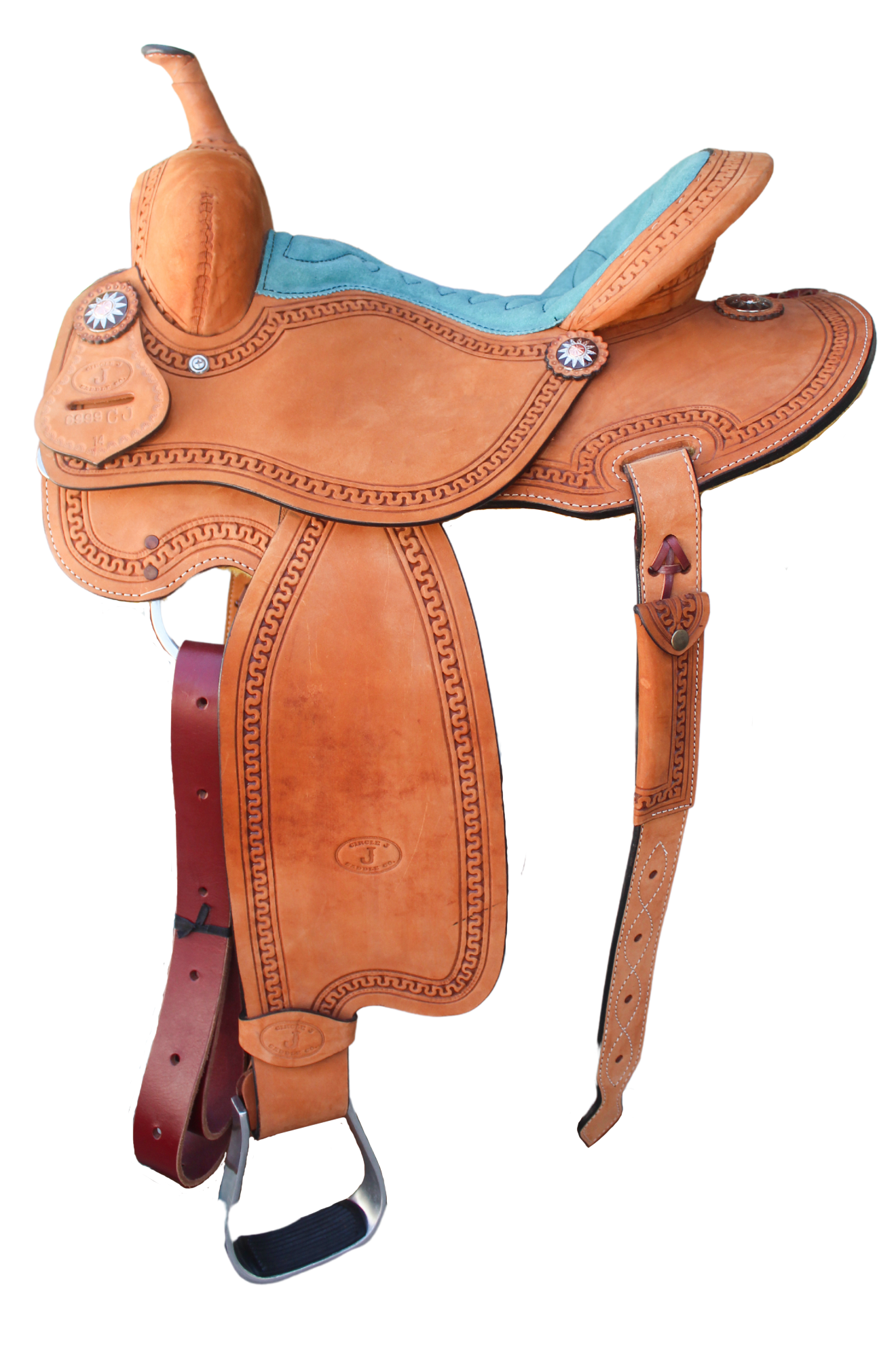 CIRCLE J BARREL SADDLE LIGHT OIL/TURQUOISE