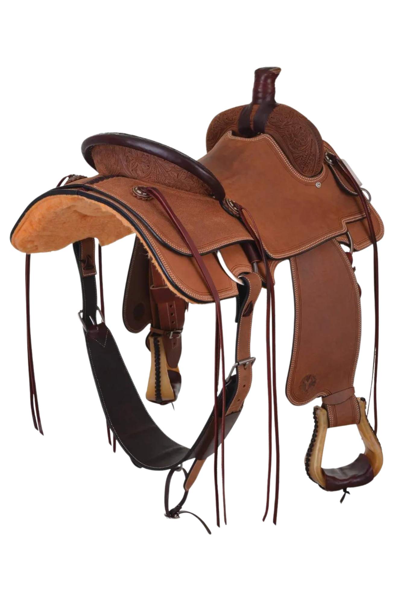 A brown leather saddle with a walnut finish, designed for rough use with a hardseat, fenders, and matching flank cinch. Arizona flowers are visible on the saddle.