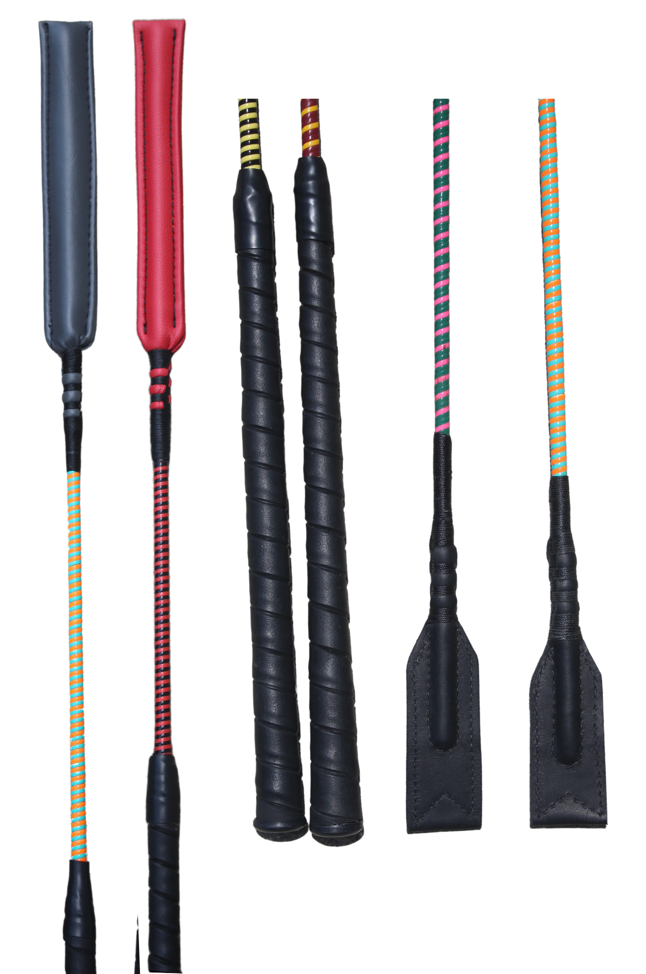 A collection of custom handmade soft crop whips with various handle colors and poppers.