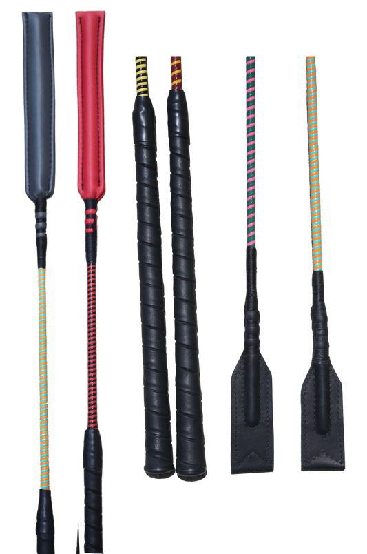 A collection of custom handmade soft crop whips with various handle colors and poppers.