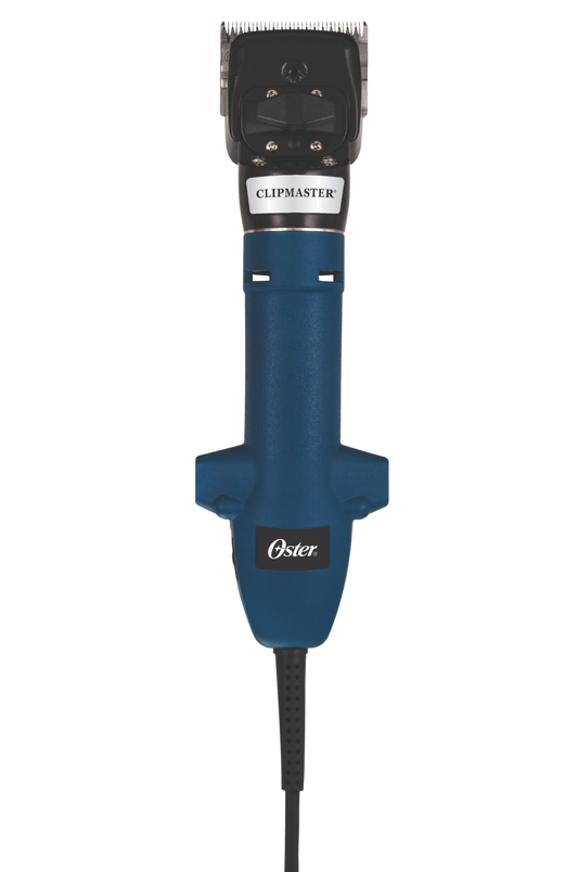 A pair of OSTER Clip Master clippers in blue color, designed for clipping horses, lambs, and cattle.