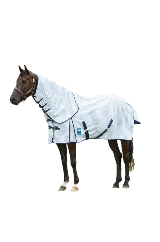 A horse wearing a gray Weatherbeeta Kool Coat Classic III combo neck outdoor blanket.