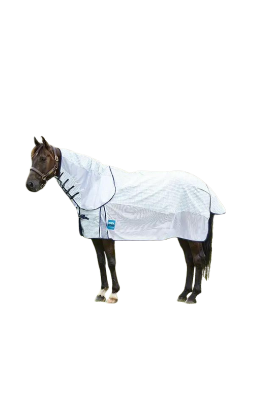 A horse wearing a white weather protection coat with mesh paneling and detachable neck features.