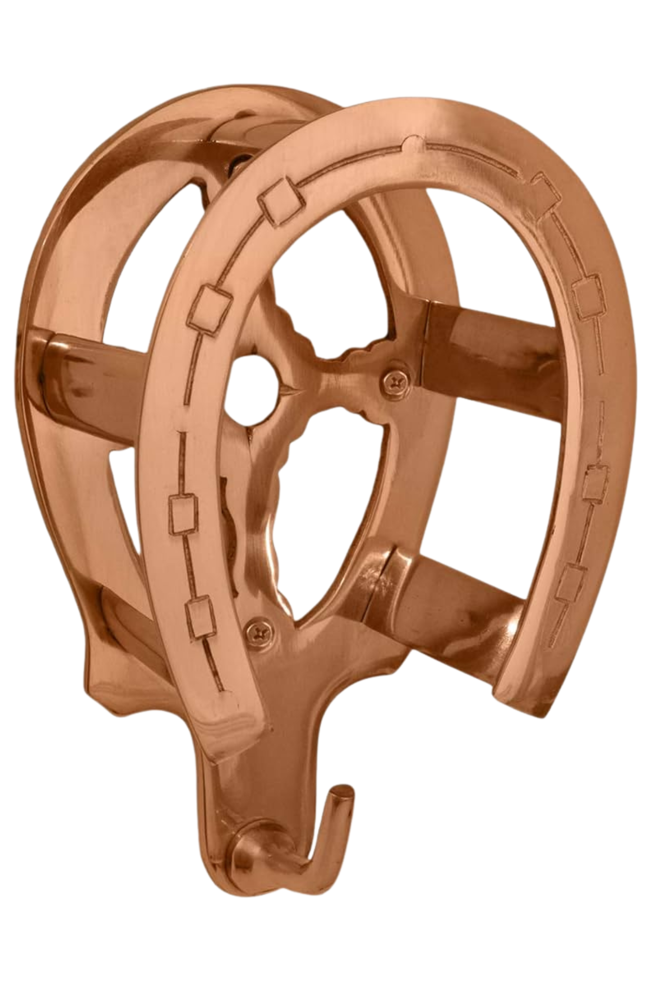 A golden horse shoe with a bridle bracket attached to it, displayed against a white background.