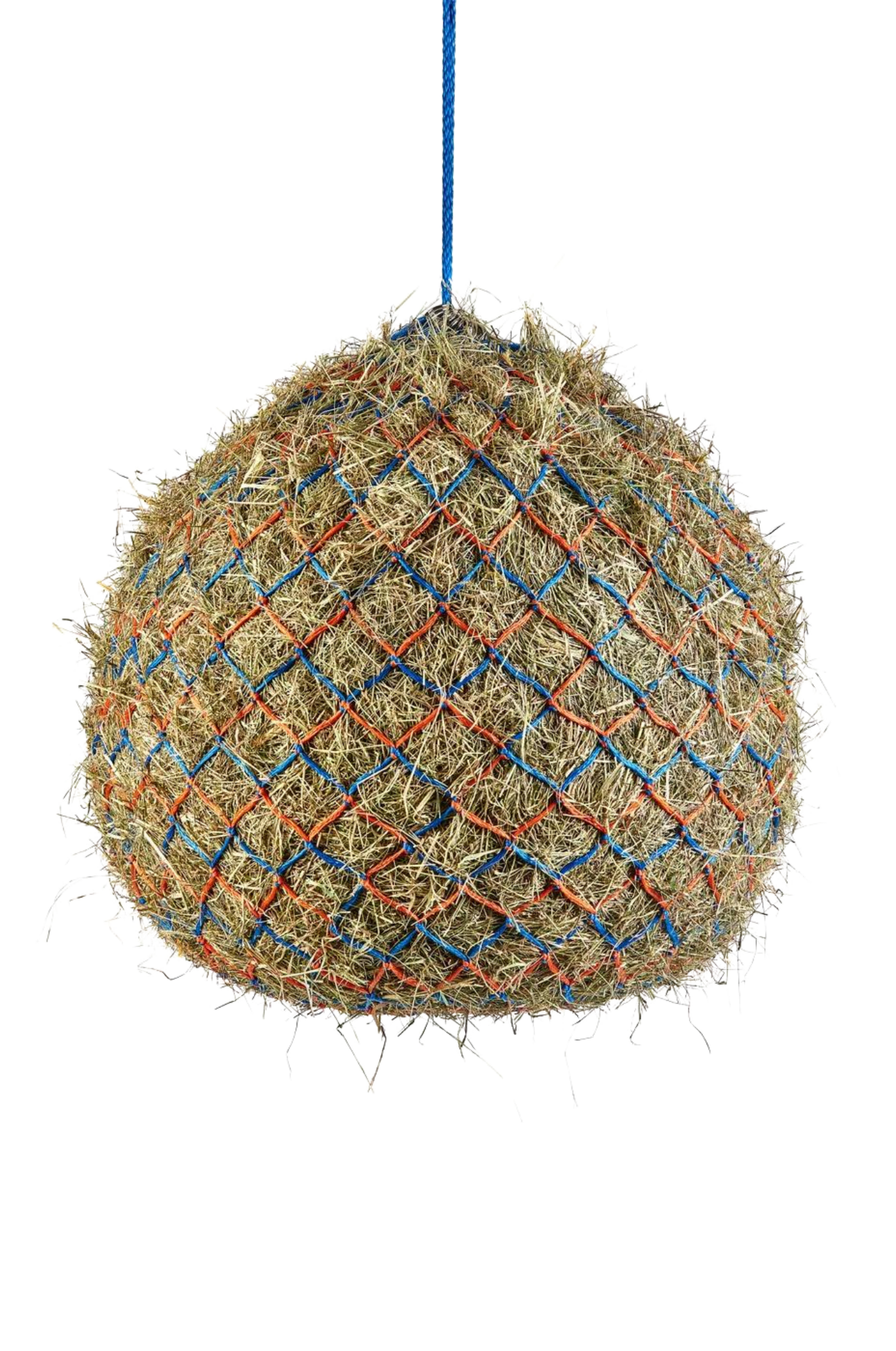 A deluxe hay net with metal rings, hanging, and made of a textile material with a checkered pattern.