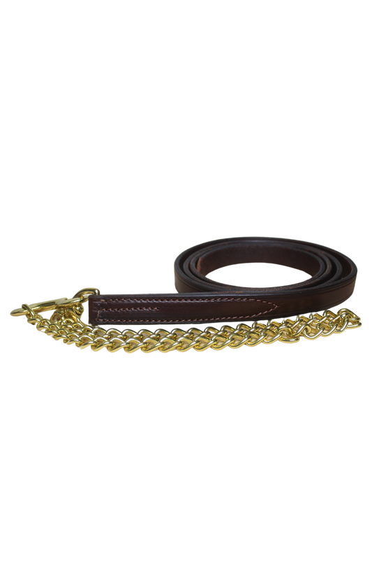 A brown leather lead shank with a gold-colored chain.