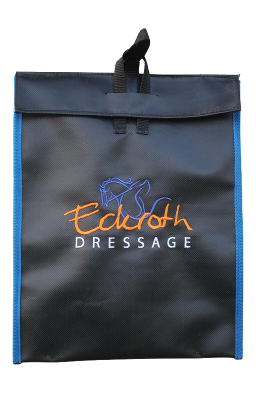 A custom vinyl feed bag with embroidery, predominantly black with blue trim and a logo that reads 'Edelth Dressage' in orange and white.