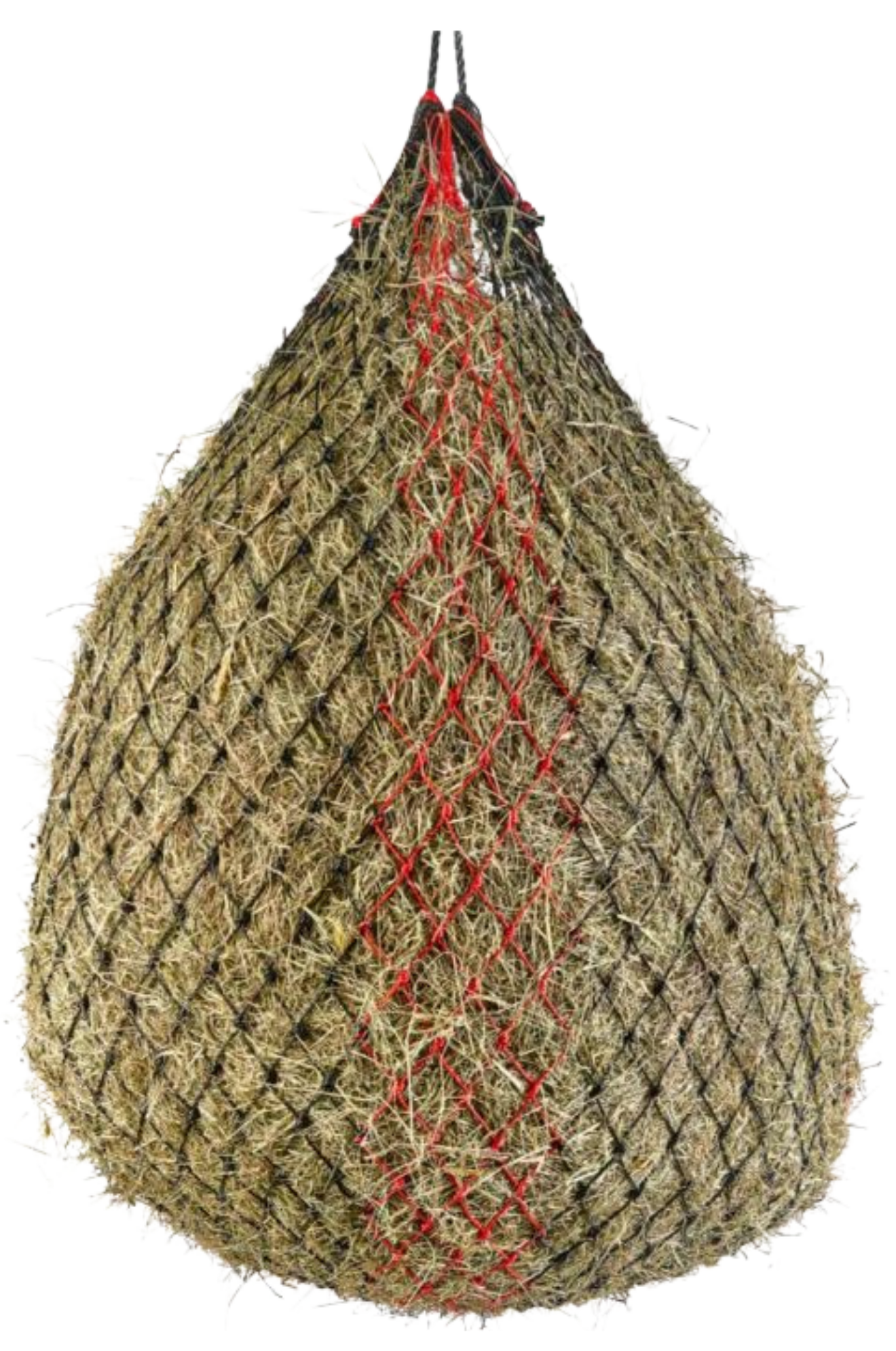 A haylage net with a red trim, designed for feeding horses.