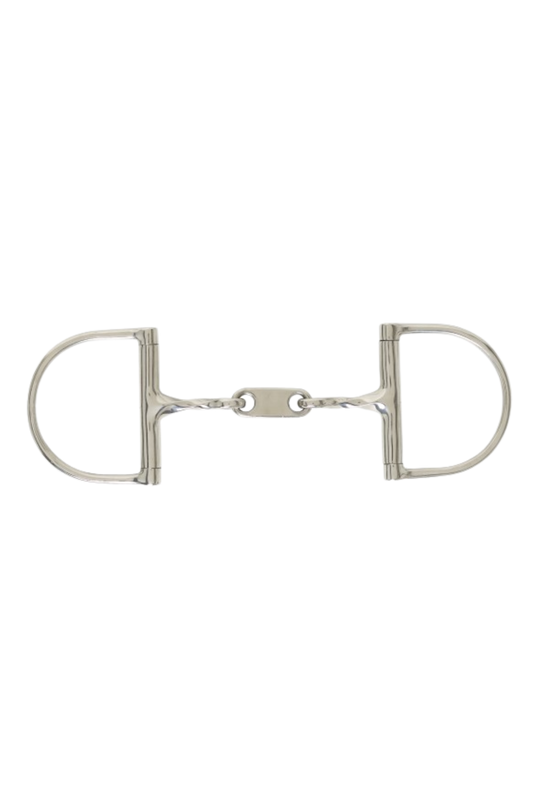 A silver-colored centaur twisted hunter dee horse bit, stainless steel.