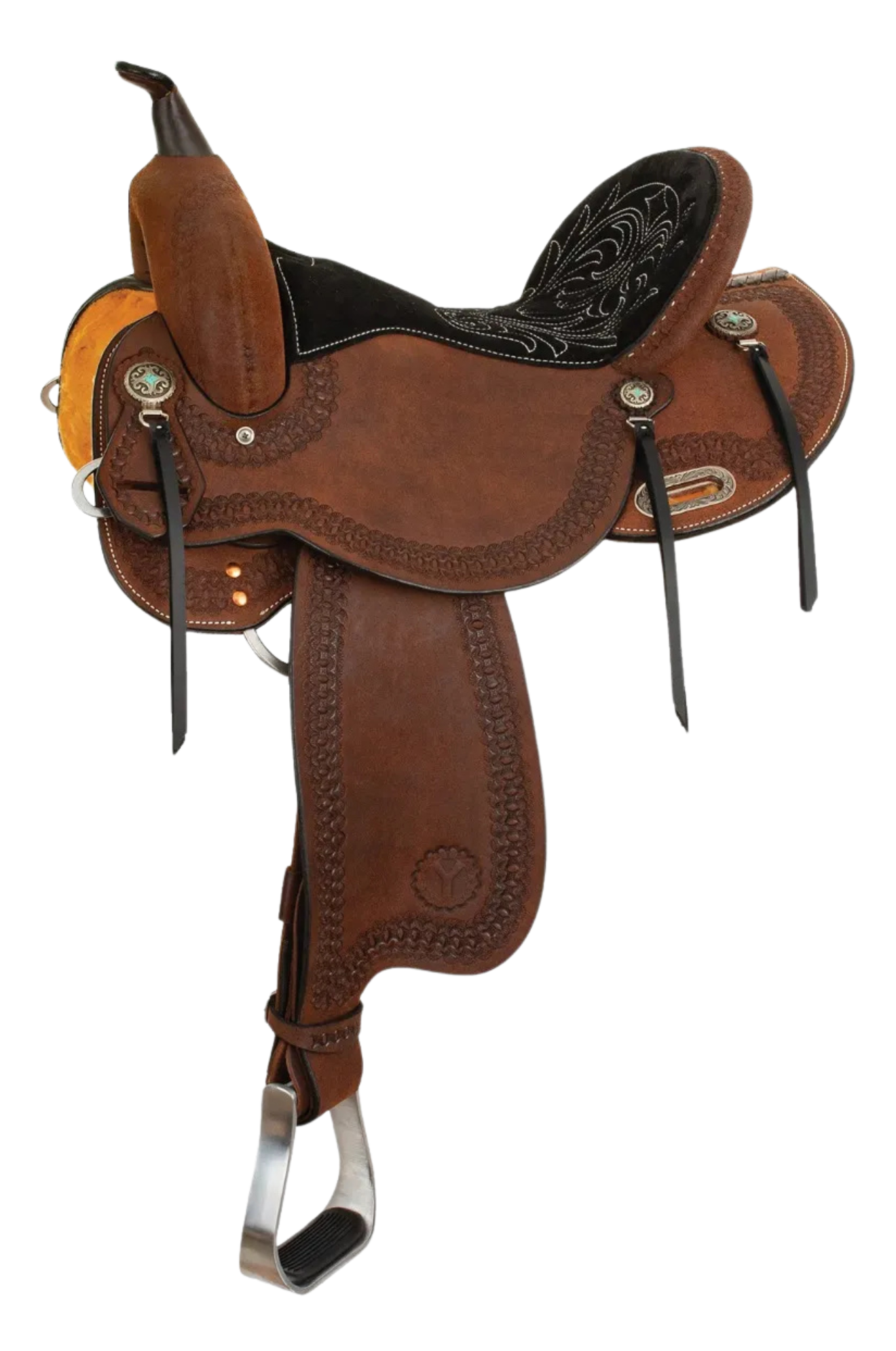 A brown Cloverleaf Barrel saddle with chocolate suede seat, lace tooling, and turquoise conchos.