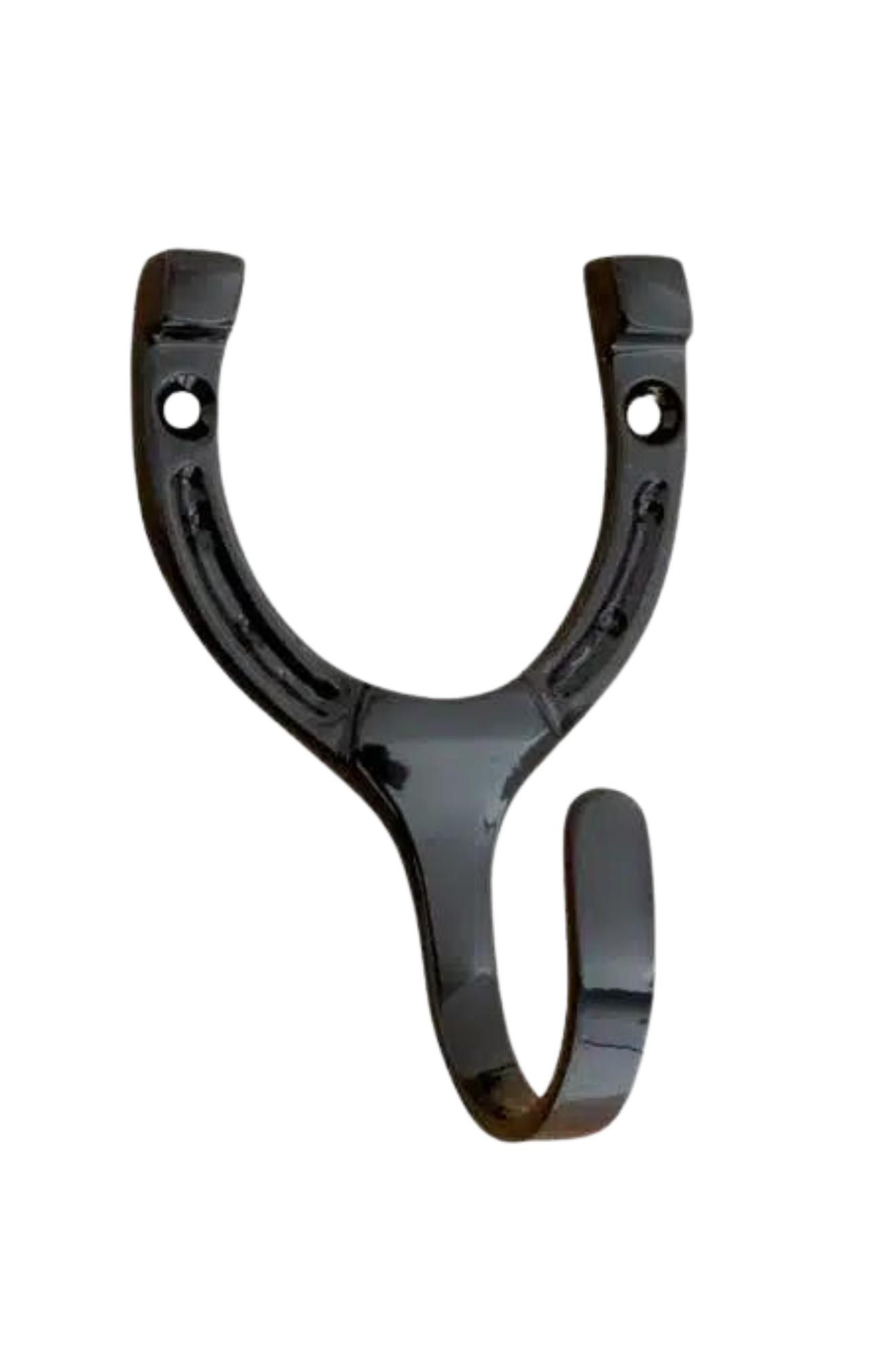 A black-colored horseshoe-shaped hook with slots for mounting.