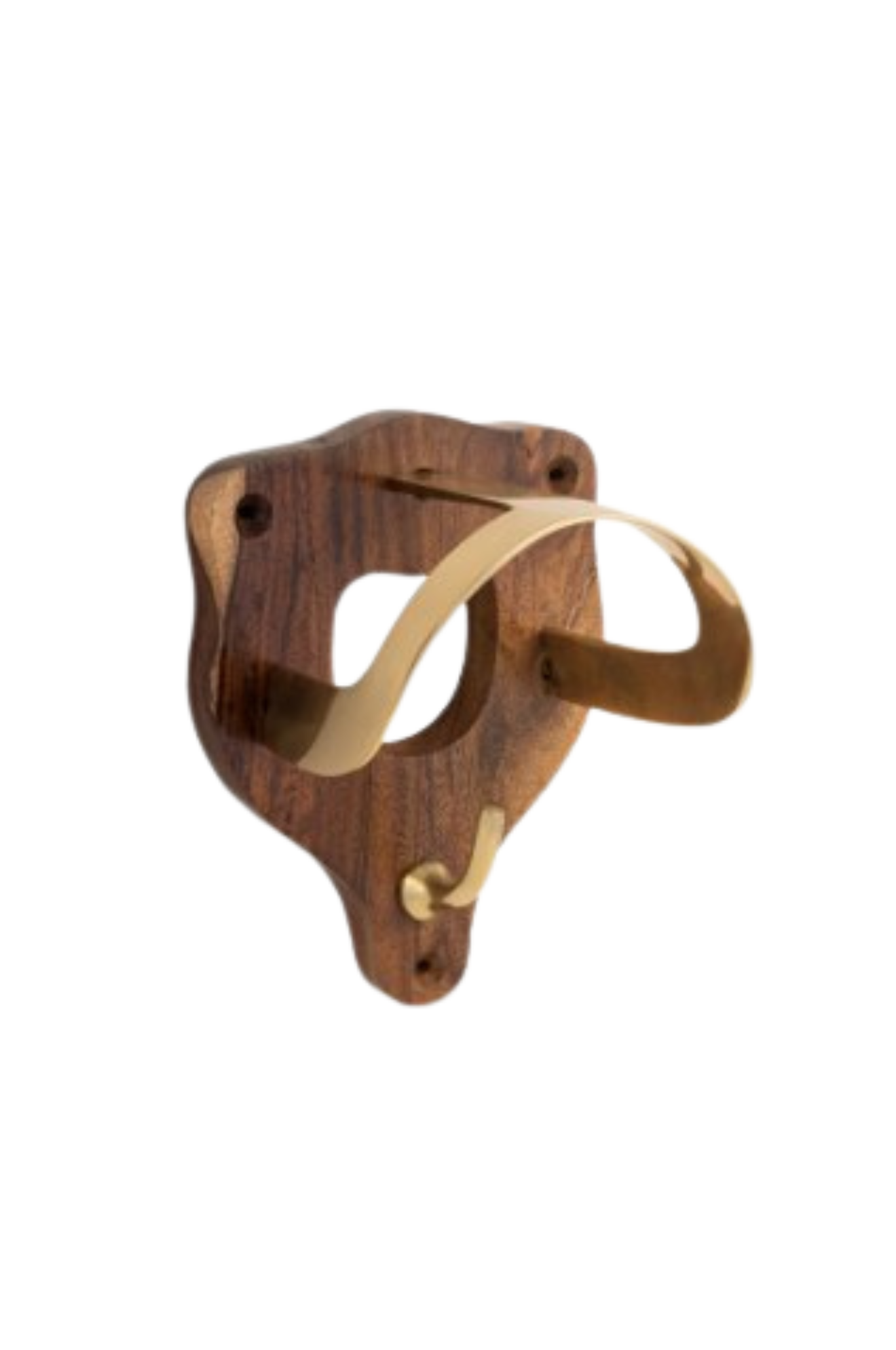 A gold-colored brass and wood bridle bracket.