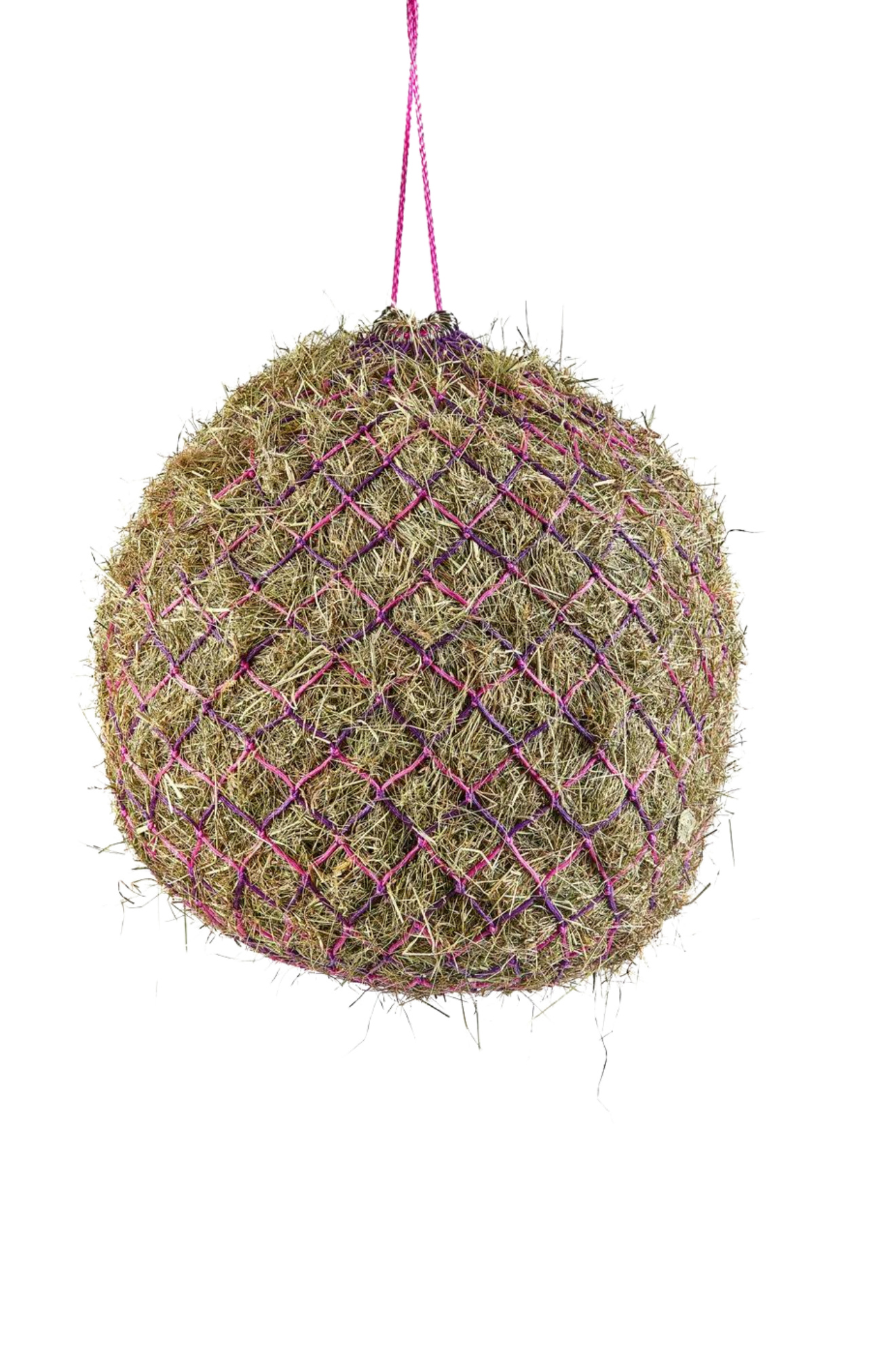 A deluxe hay net with metal rings, hanging, and made of a textile material with a checkered pattern.