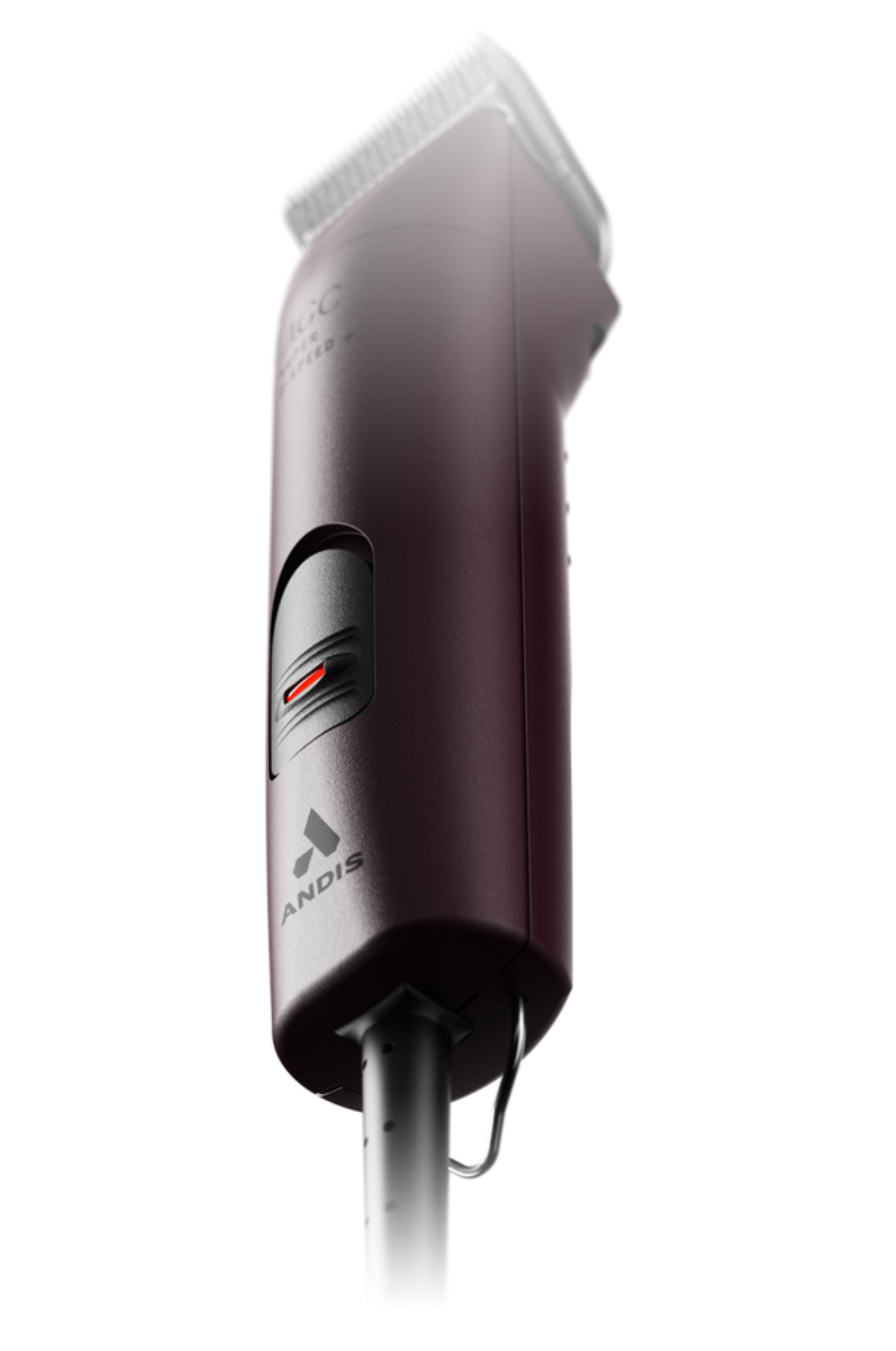 A professional Andis clipper with a purple and black color scheme, featuring a 2-speed setting and a locking switch button. The clipper includes a size 10 UltraEdge blade and has a maintenance-free design with a sealed motor.