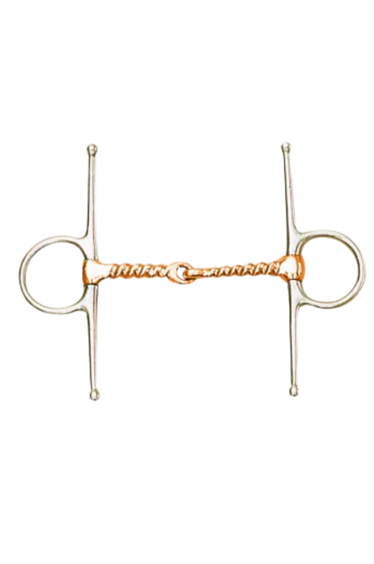A silver-colored corkscrew-shaped equestrian bit with copper full cheek, made from stainless steel, designed for horse tack.