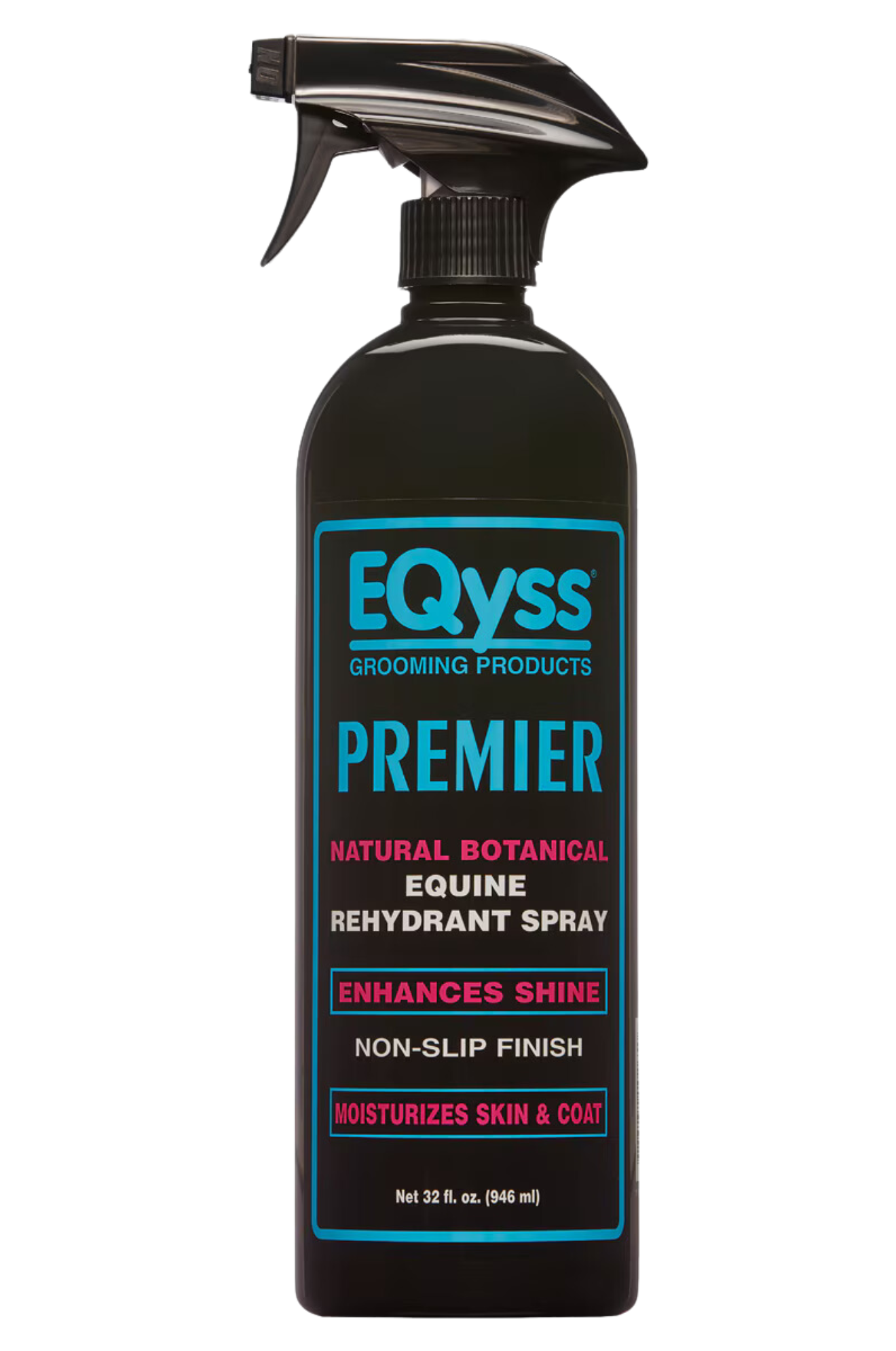 A black spray bottle with a label reading 'EQyss PREMIER REHYDRANT SPRAY' with additional text detailing the product's benefits for horse grooming.