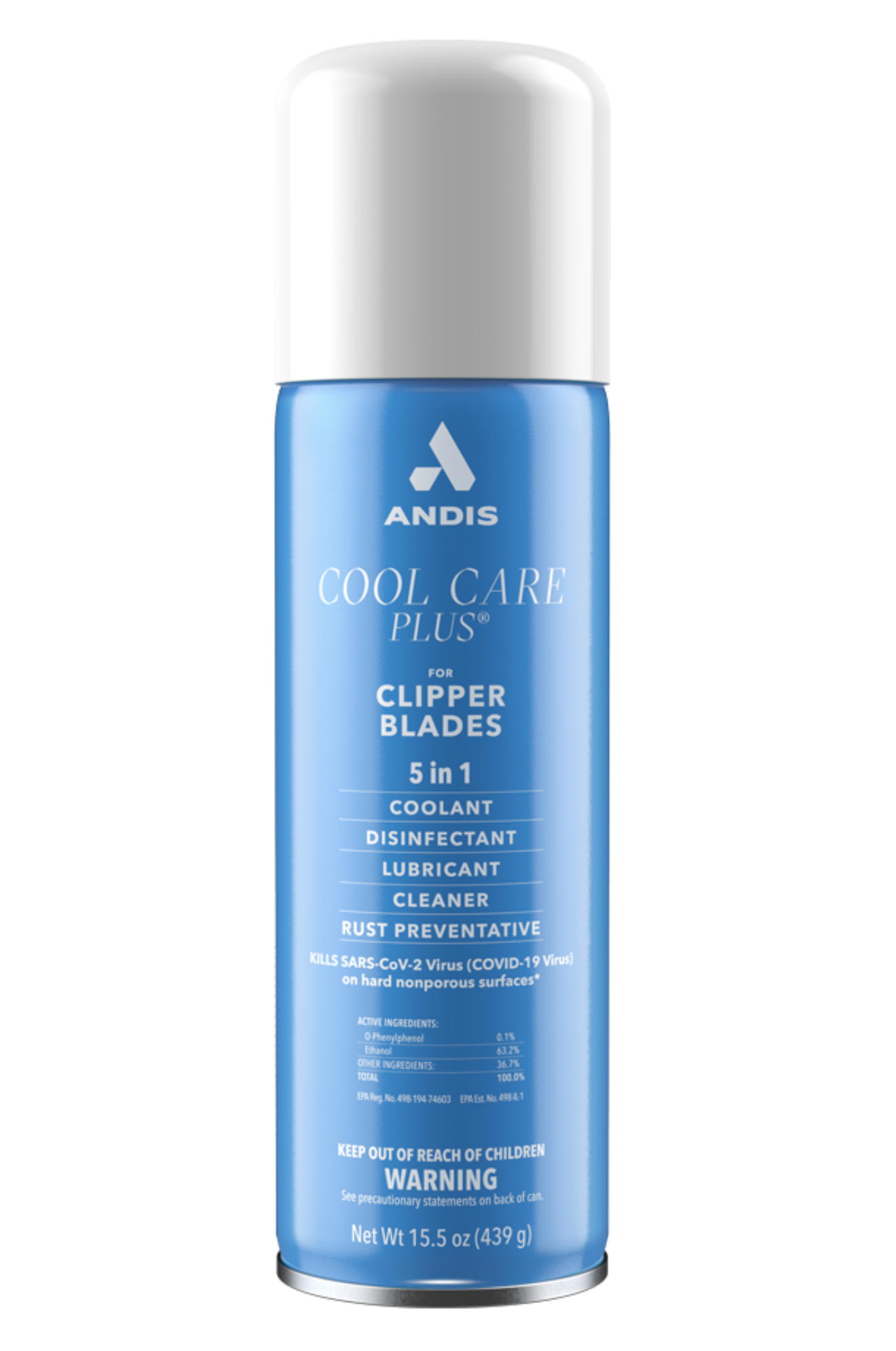 A can of Andis Cool Care Plus 5-in-1 coolant and lubricant for clipper blades.