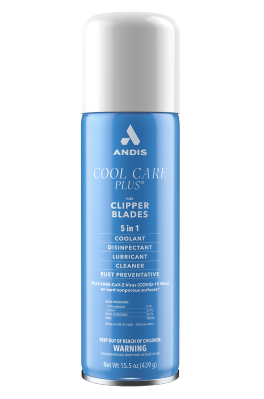 A can of Andis Cool Care Plus 5-in-1 coolant and lubricant for clipper blades.