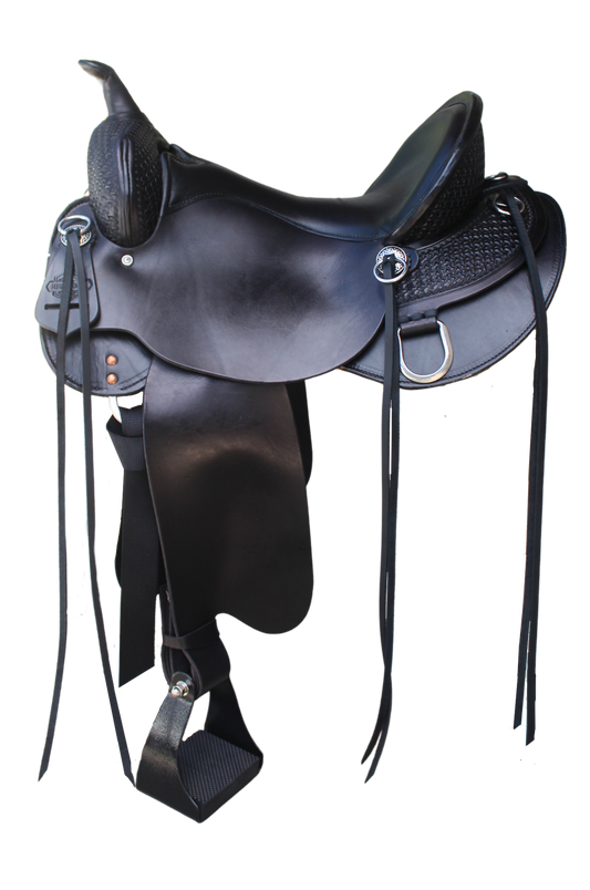 A black High Horse Sulphur River Trail Saddle with a tree structure, skirt, and stirrups, designed for trail riding.