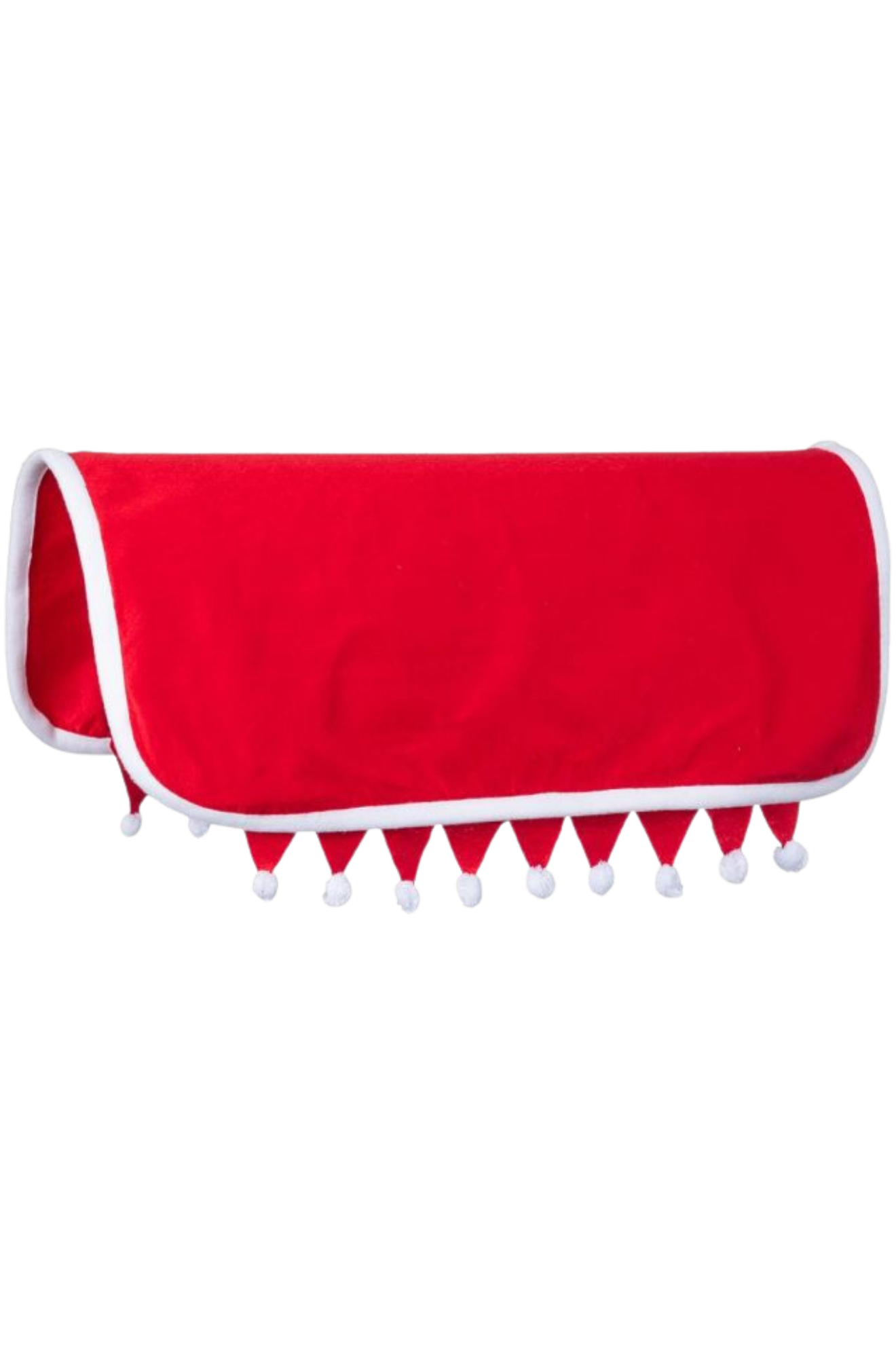 A red felt Santa Western saddle pad cover with plush white fleece trim and decorative pom-poms.
