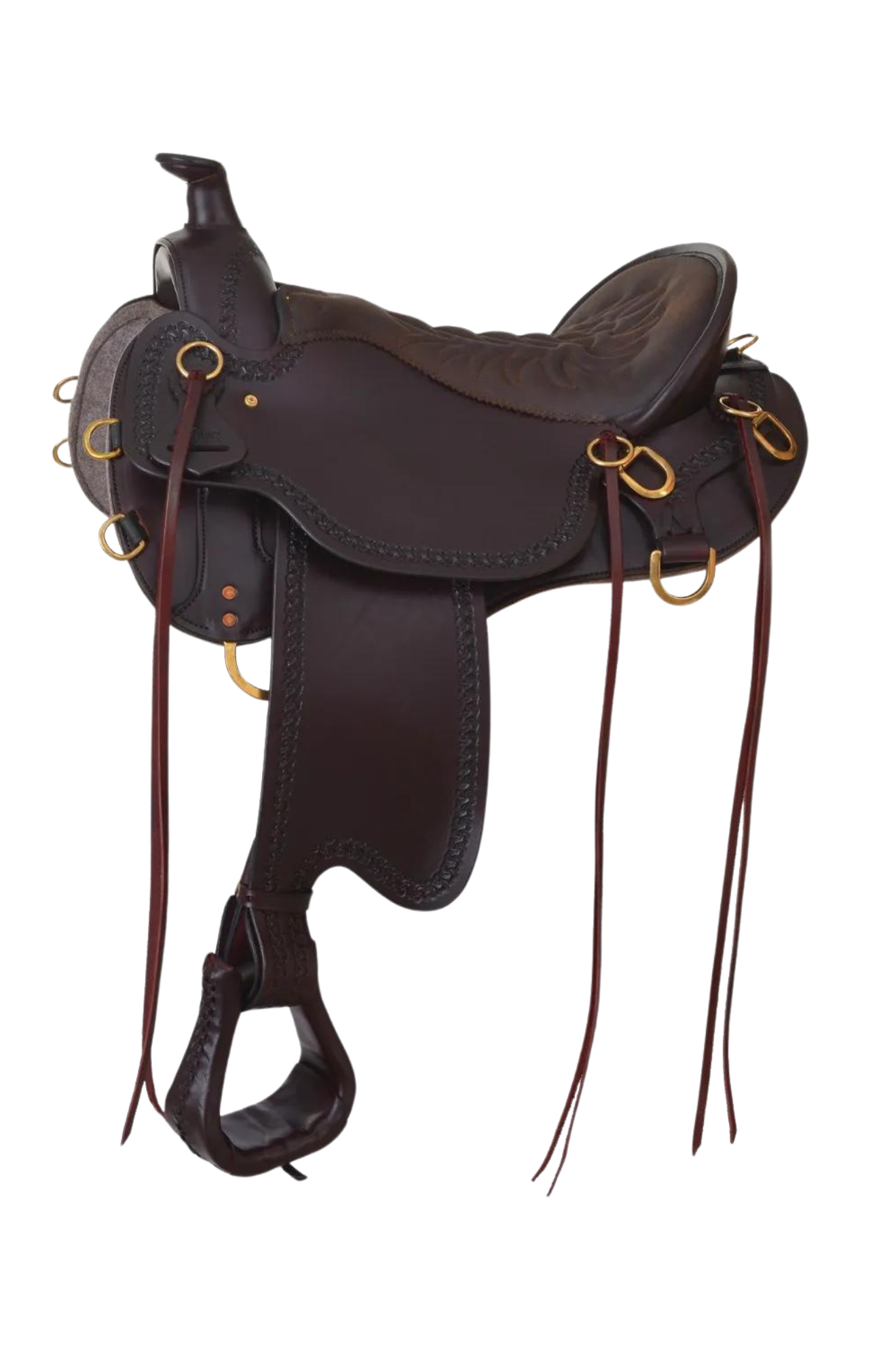 A brown and tooled mule saddle with chrome accents, designed for comfort and utility on the trail.