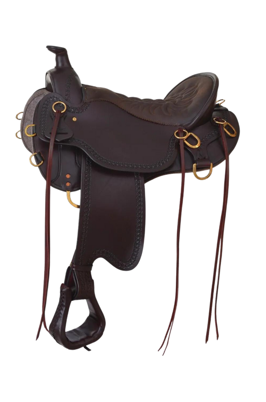 A brown and tooled mule saddle with chrome accents, designed for comfort and utility on the trail.