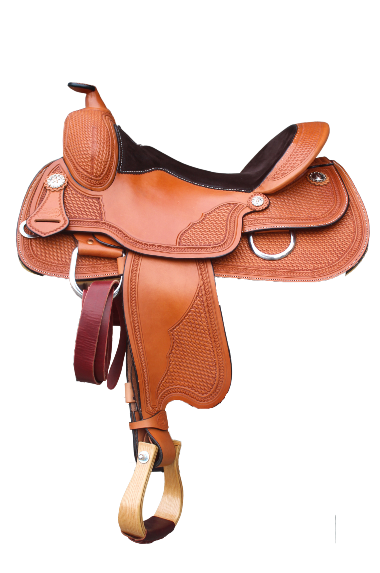 A brown leather western saddle with silver accents.