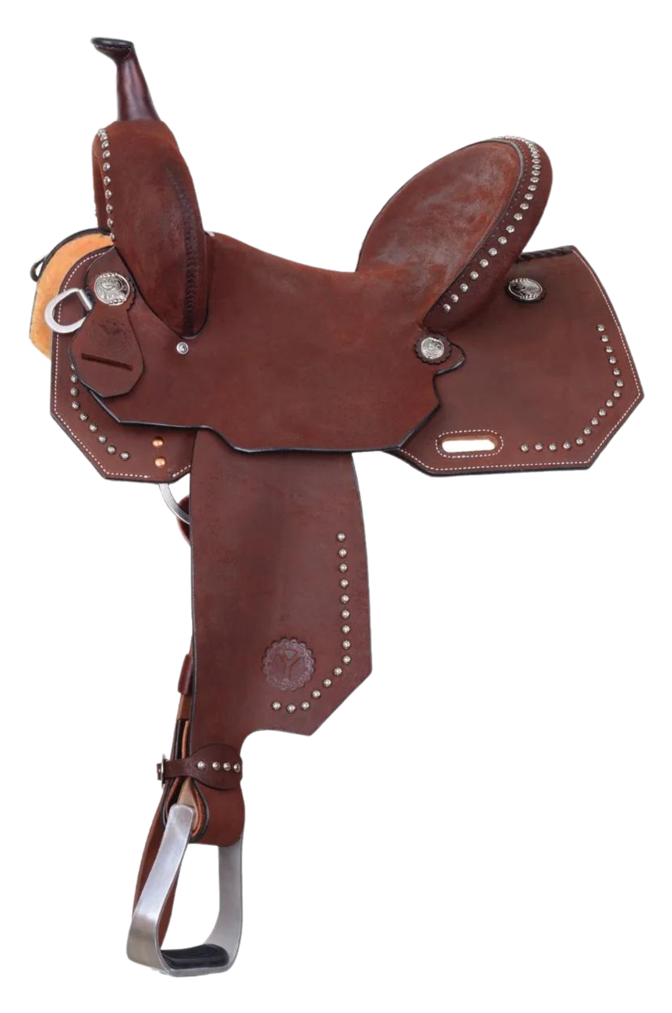 A brown Circle Y Redwood Barrel Saddle featuring chestnut roughout leather, gunmetal conchos, and a hardseat.