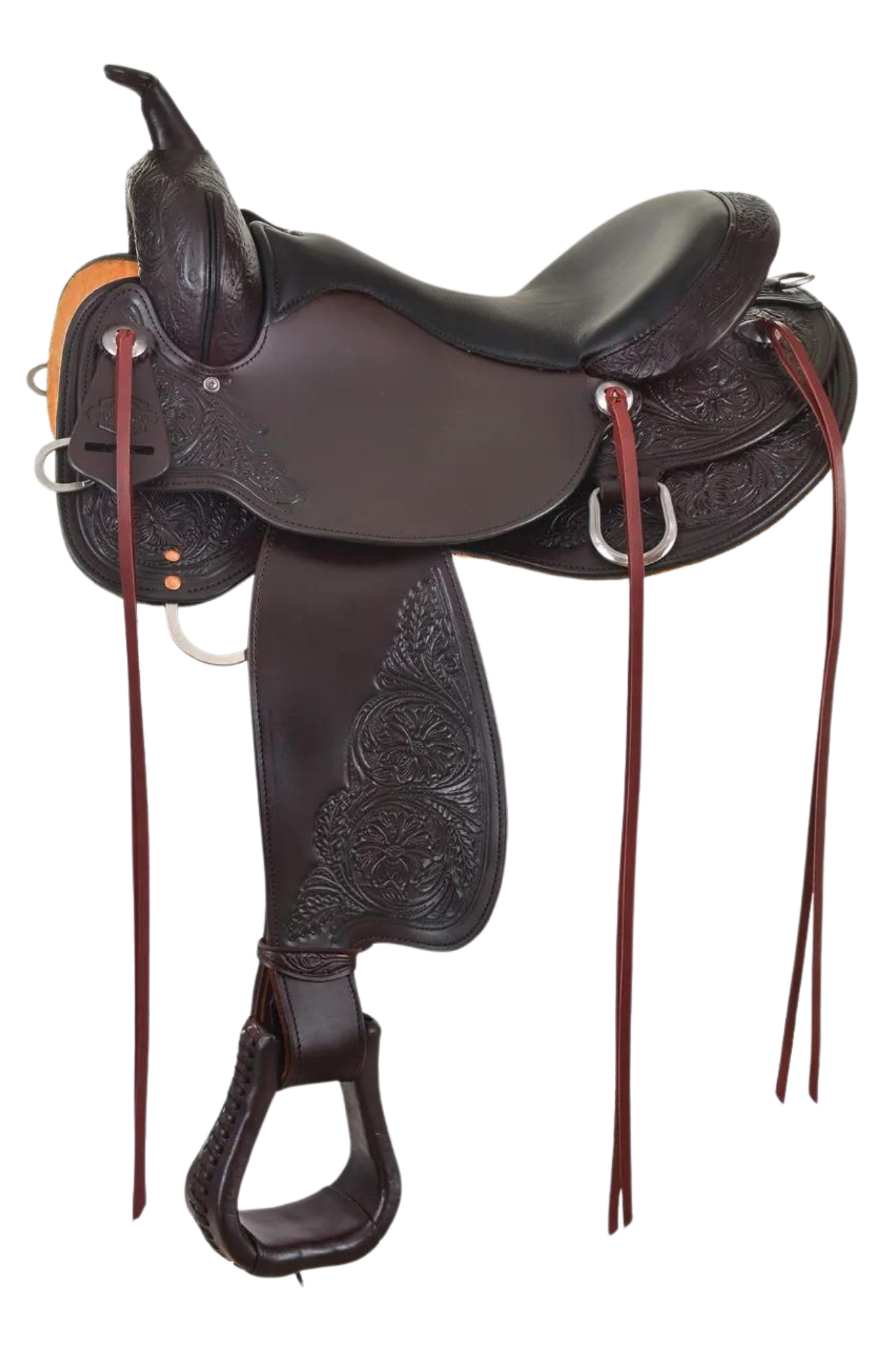 A trail saddle with a double padded seat, floral tooling, and stainless steel hardware.