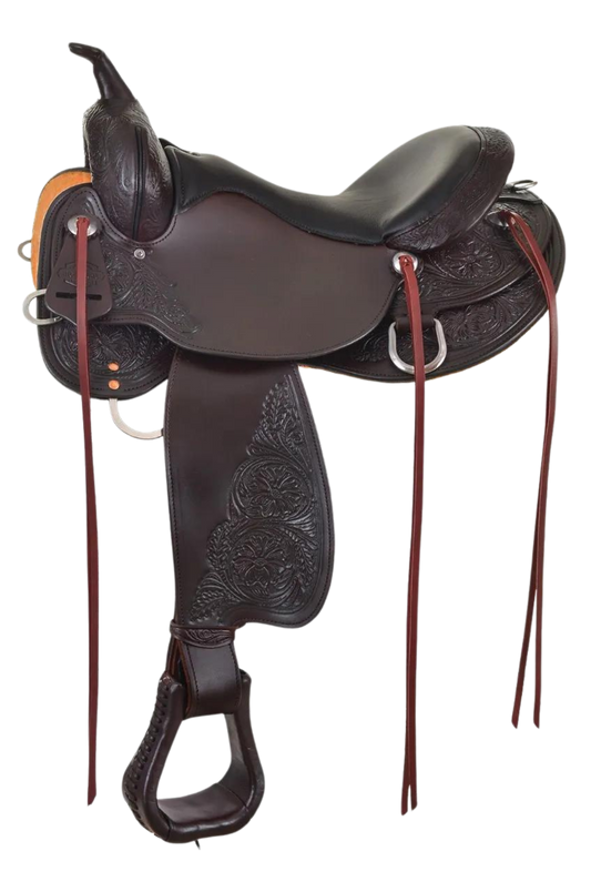 A trail saddle with a double padded seat, floral tooling, and stainless steel hardware.