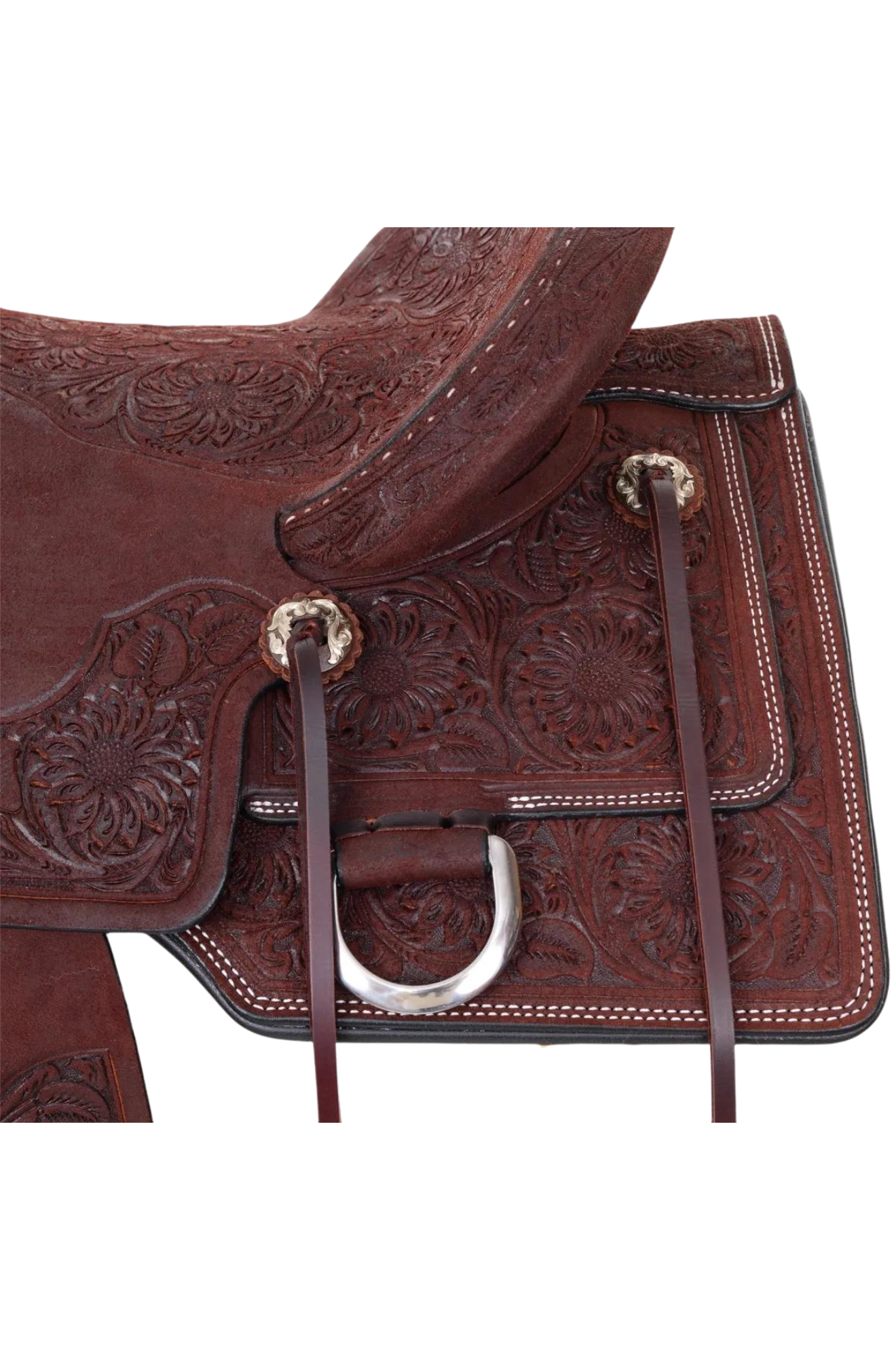 A brown Circle Y Burnett Flex2 Trail Saddle with detailed tooling and a classic ranchy look.