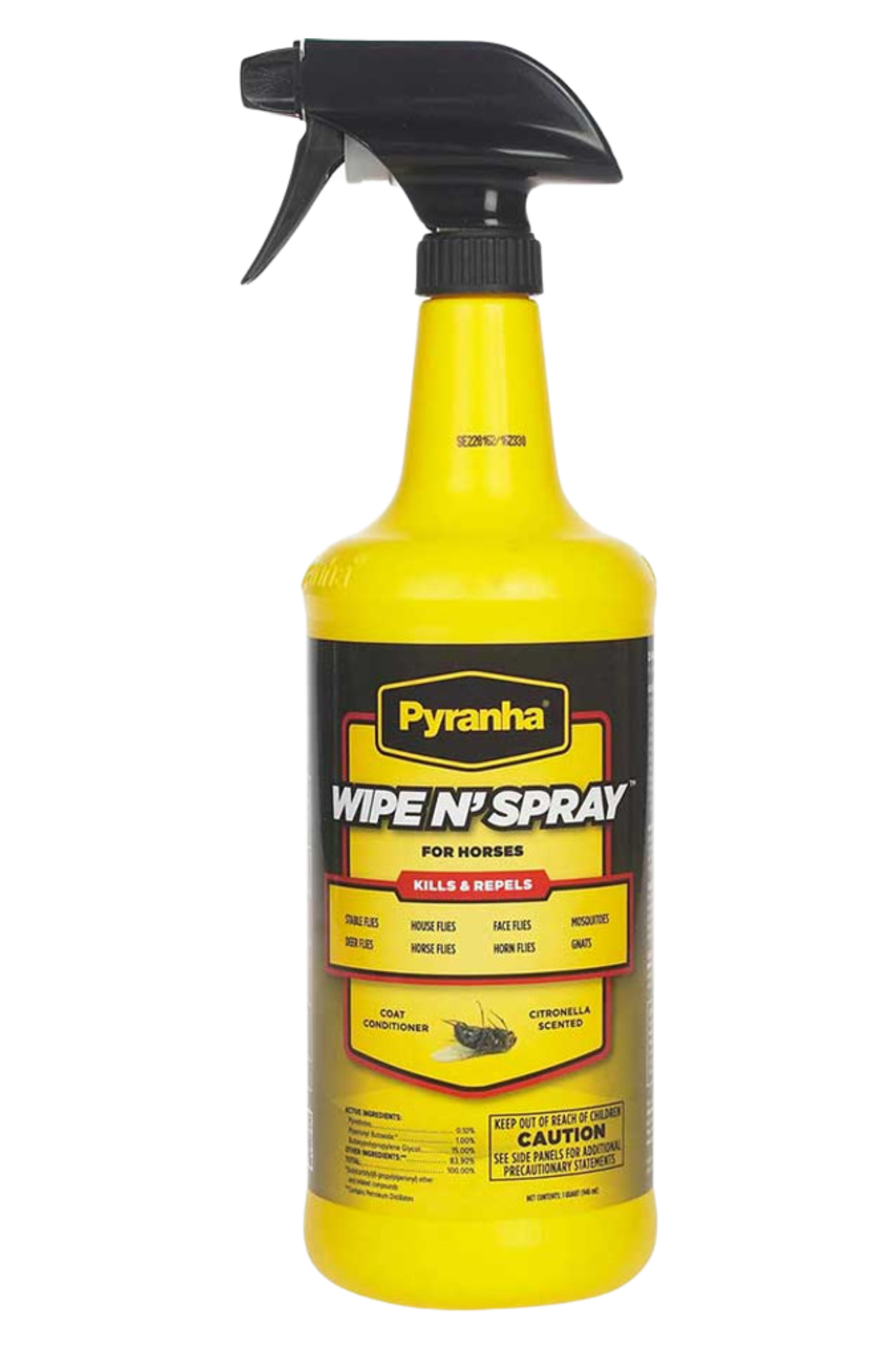 A yellow spray bottle labeled 'Pyranha Wipe N' Spray' with black text, used for animal fly protection and coat conditioning.