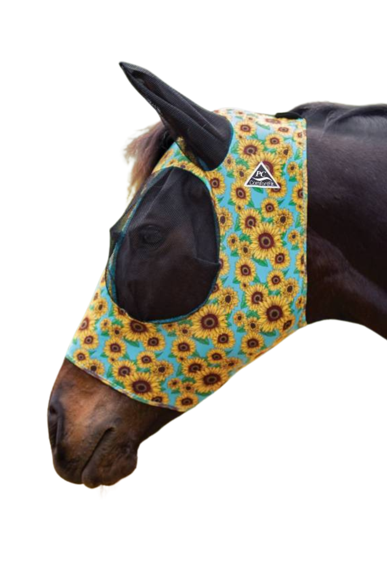 A gray horse wearing a fly mask with a comfort-fit design, featuring smooth lycra fabric, mesh around the eyes and ears, and a forelock opening.