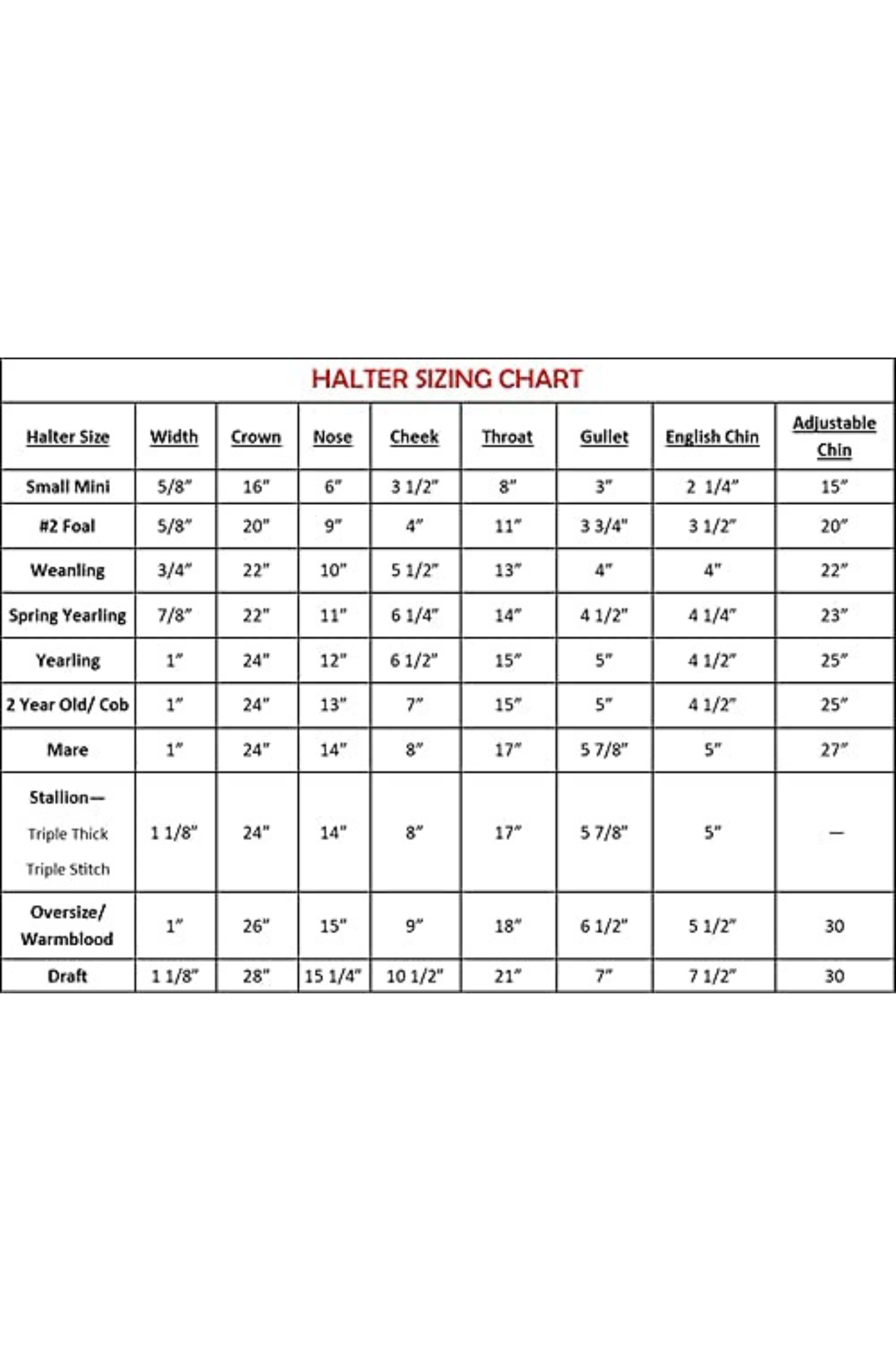 custom padded halter size chart